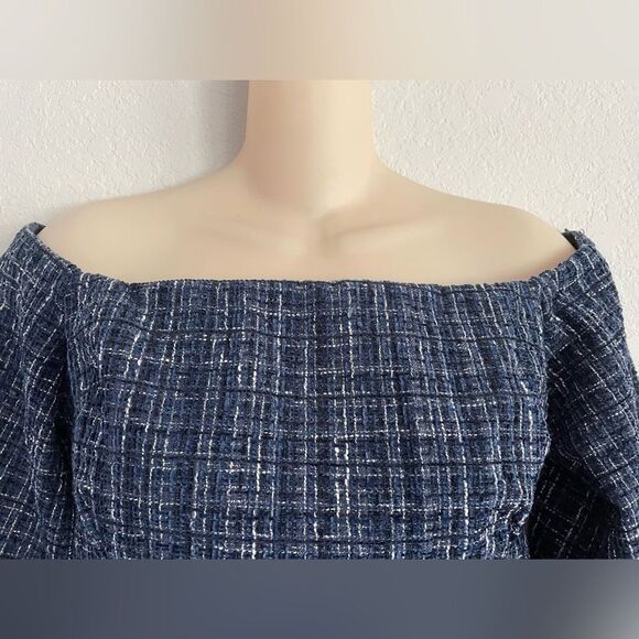 ZARA Navy Tweed Off Shoulder 3/4 Bell Sleeve Cropped Top Blouse Size Small NEW - Picture 6 of 10